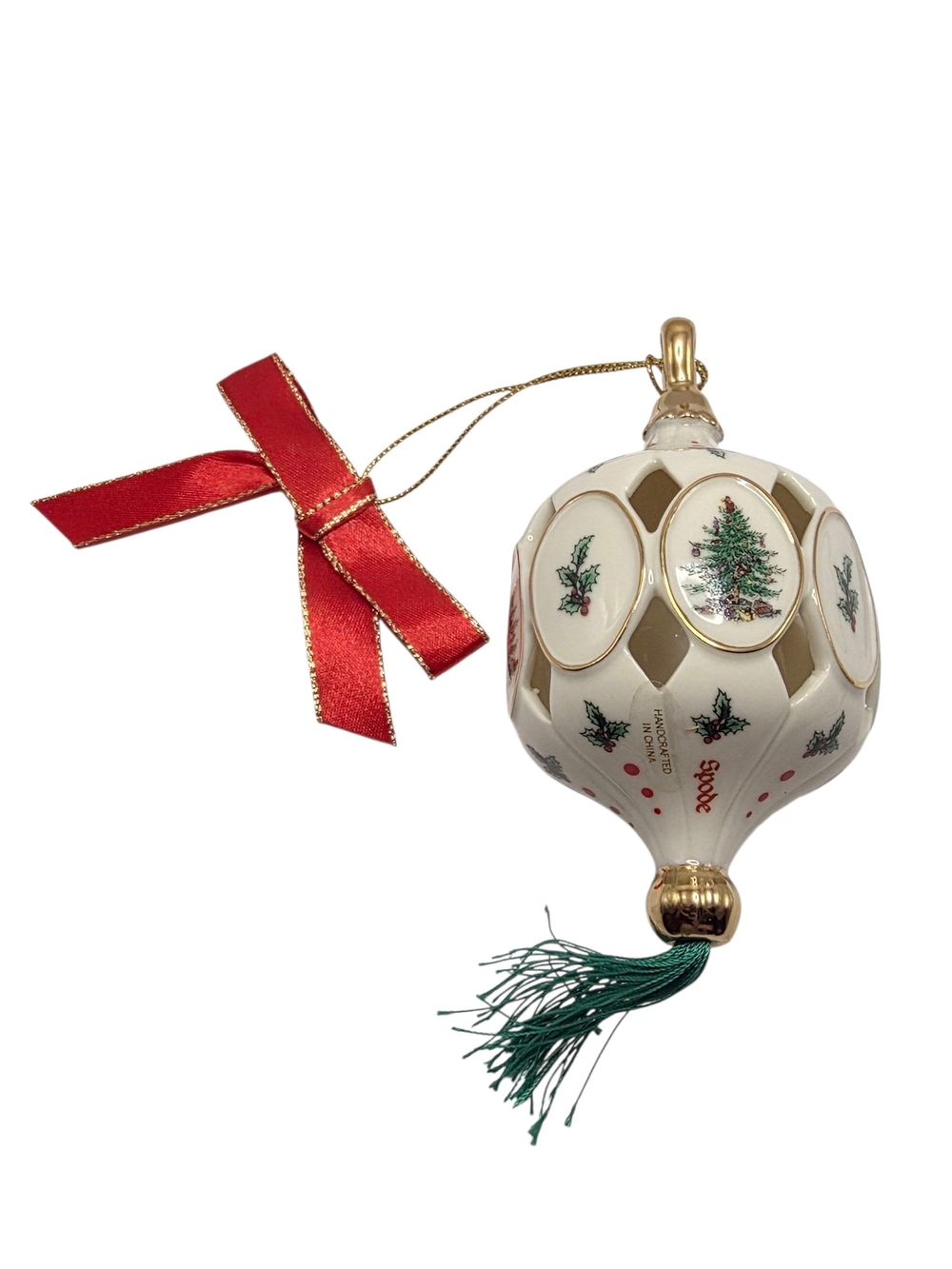 Spode Christmas Tree Porcelain Teardrop Ornament Ribbon Tassel Gold Trim 4"
